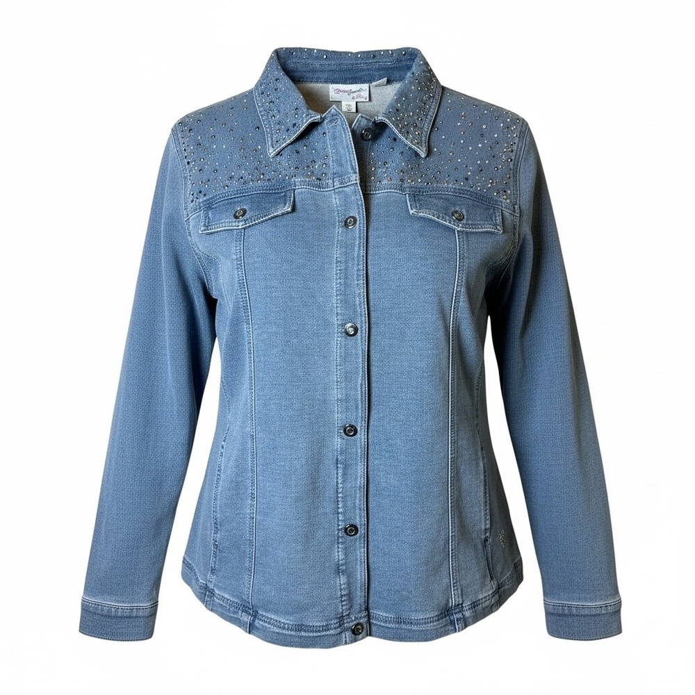 Quacker Factory DreamJeannes Rhinestone Embellished Denim Jacket Blue XL NEW‎